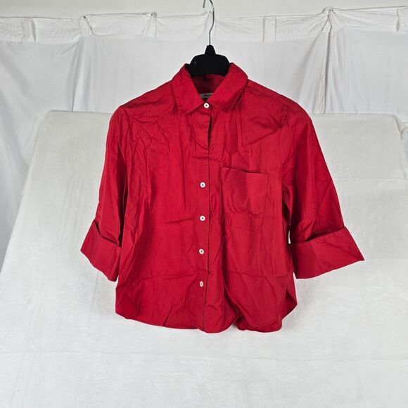 Madewell Poplin Easy Y-Neck Button-Up Shirt Red Women Sm 100% Cotton Relaxed Fit - Picture 4 of 13